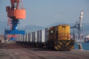 Containers on a rail track in a port